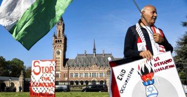 Pro-Palestinian demonstrators in front of the Peace Palace in The Hague, Netherlands, April 28, 2025. (EPA Photo)