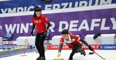 Türkiye&#039;s mixed doubles curling national team trains ahead of the Milano-Cortina 2026 Winter Olympics, Erzurum, Türkiye, April 25, 2025. (AA Photo)
