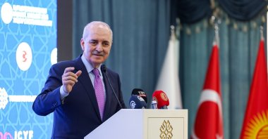 Parliament Speaker Numan Kurtulmuş speaks at an event, Bishkek, Kyrgyzstan, April 29, 2025. (DHA Photo)