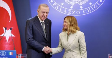 President Recep Tayyip Erdoğan (L) and Italian Premier Giorgia Meloni shake hands following their meeting at Villa Pamphilj in Rome, Italy, April 29, 2025. (AP Photo)