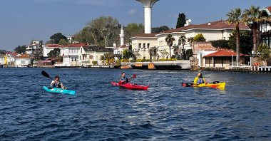 Three Irish kayakers reach the Bosporus after an epic journey from Dublin, in Istanbul, Türkiye, April 26, 2025. (IHA Photo)