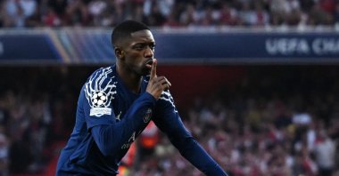 Paris Saint-Germain&#039;s Ousmane Dembele celebrates scoring their first goal during the Champions League semifinal first leg match against Arsenal at Emirates Stadium, London, Britain, April 29, 2025. (Reuters Photo)