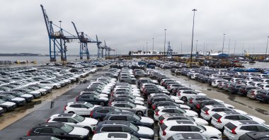 New Volvo automobiles await transport from the Dundalk Marine Terminal in Baltimore, Maryland, U.S., April 7, 2025. (EPA Photo)