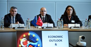 Treasury and Finance Minister Mehmet Şimşek (C) attends the Türkiye-EU High-Level Economic Dialogue meeting, Brussels, Belgium, April 3, 2025. (AA Photo)