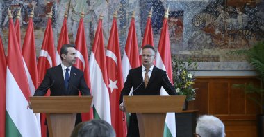 Hungarian Minister of Foreign Affairs and Trade Peter Szijjarto (R) and Energy and Natural Resources Minister Alparslan Bayraktar hold a joint news conference after their meeting at the Ministry of Foreign Affairs and Trade, Budapest, Hungary, April 30, 2025. (EPA Photo)