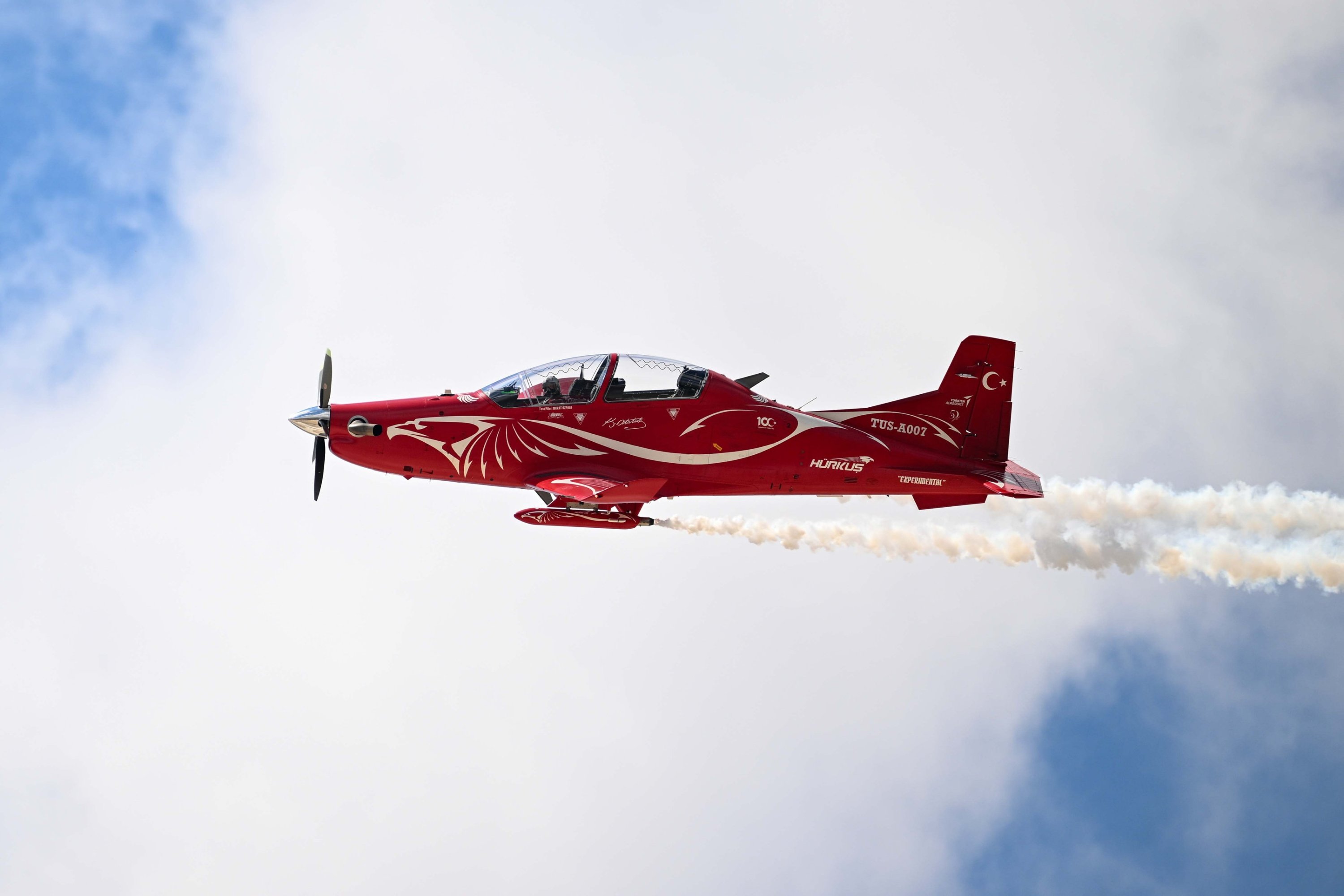 The light aircraft Hürkuş, developed by Turkish Aerospace Industries (TAI), flies during Teknofest 2025, held in Lefkoşa, Turkish Republic of Northern Cyprus (TRNC), May 1, 2025. (AA Photo)