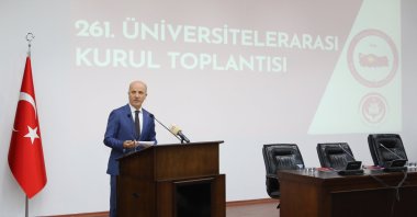 Council of Higher Education President Erol Özvar delivers a speech at the 261st Inter-University Council Meeting held at YÖK presidency, Ankara, Türkiye, April 29, 2025. (AA Photo)