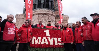 Members of the Confederation of Progressive Trade Unions of Türkiye (DISK) lay a wreath at the Taksim Republic Monument on International Workers&#039; Day, Istanbul, Türkiye, May 1, 2025. (AA Photo)