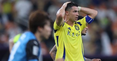 Al-Nassr&#039;s Cristiano Ronaldo reacts during the AFC Champions League semifinal match against Japan&#039;s Kawasaki at King Abdullah Sports City, Jeddah, Saudi Arabia, April 30, 2025. (AFP Photo)