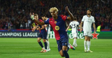 Barcelona&#039;s Lamine Yamal celebrates after scoring a goal during the Champions League semifinal first leg match against Inter Milan at the Estadi Olimpic Lluis Companys, Barcelona, Spain, April 30, 2025. (Reuters Photo)