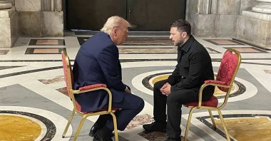 Ukraine&#039;s President Volodymyr Zelenskyy (R) and U.S. President Donald Trump meet, while they attend the funeral of Pope Francis, at the Vatican, April 26, 2025. (EPA Photo)