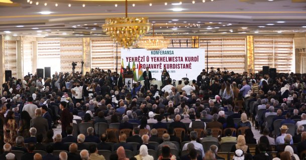 Participants attend the Unity of the Kurdish Position and Ranks Conference, Qamishli, Syria, April 26, 2025. (Reuters Photo)