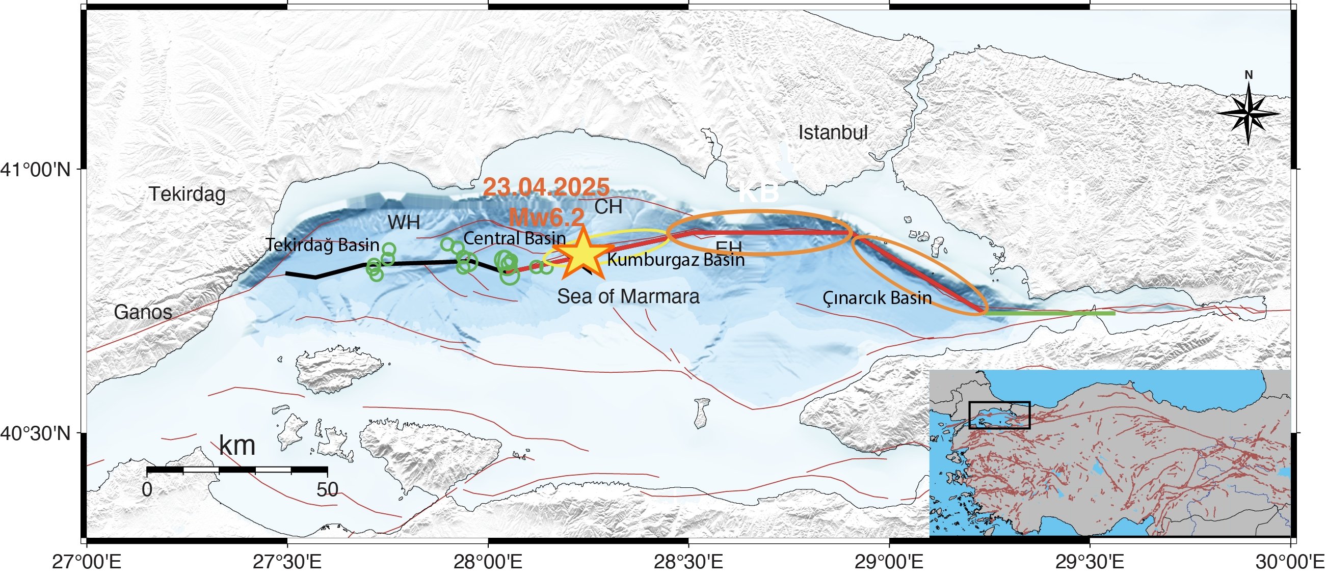 The epicenter of the April 23, 2025, Central Marmara Sea Earthquake (yellow star), the ruptured (yellow ellipse) and unruptured (orange ellipses) faults are shown. Repeater earthquakes are indicated by green circles, marking areas where seismic creep occurs. (Courtesy of Yasemin Korkusuz Öztürk)