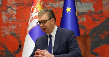 Serbian President Aleksandar Vucic speaks during a meeting with Greek Cypriot administration head Nikos Christodoulides, Belgrade, Serbia, April 25, 2025. (EPA Photo)