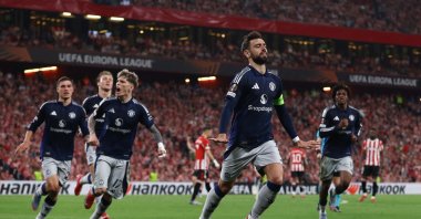 Manchester United&#039;s Bruno Fernandes celebrates scoring during the Europa League semifinal first leg against Athletic Bilbao, Bilbao, Spain, May 1, 2025. (Reuters Photo)