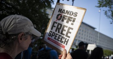 Members of the U.S. House of Representatives hold a press conference in front of the State Department to protest the detention of a Palestinian student, Washington, U.S., April 29, 2025 (AA Photo)