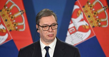 Serbian President Aleksandar Vucic listens during a joint press conference with the Hungarian Prime Minister at the Prime Minister's Office at Buda Castle, Budapest, Hungary, Feb. 17, 2025. (AFP Photo)