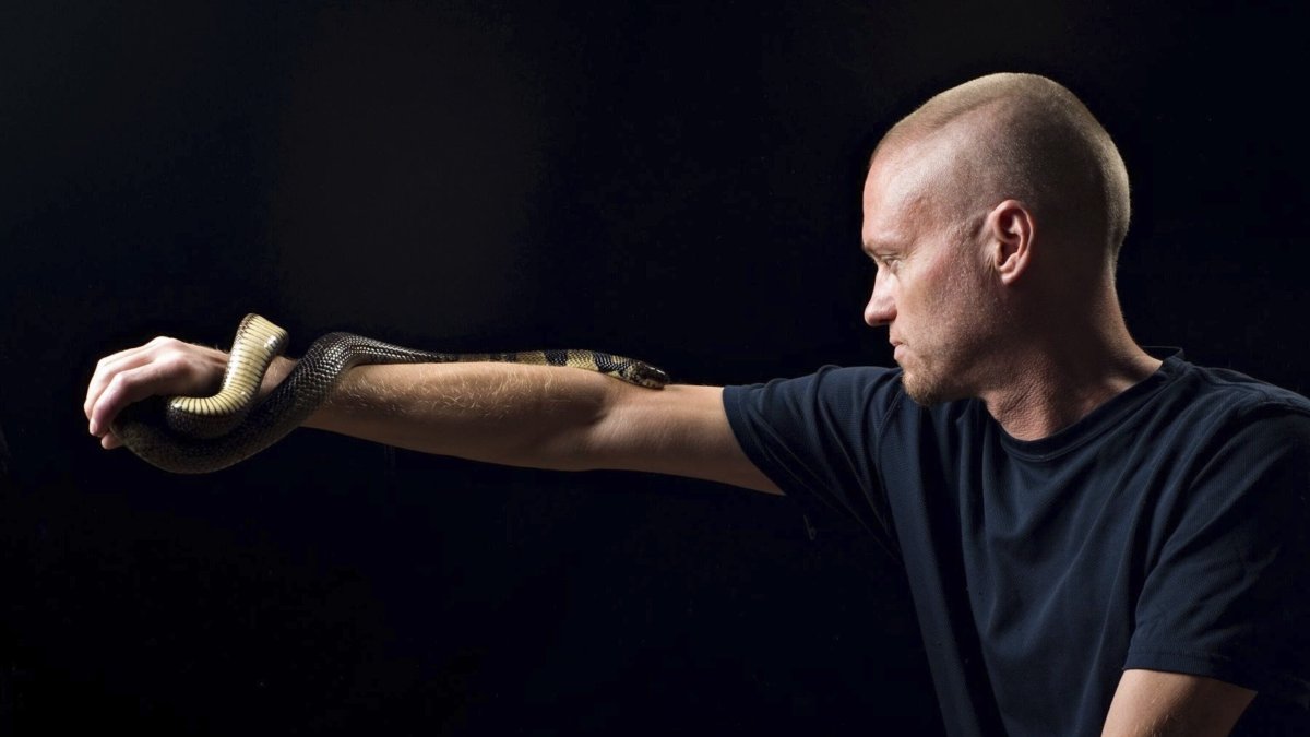 Tim Friede, who is hyper-immune to the venom of various snakes, with a water cobra wrapped around his arm. (AP Photo)
