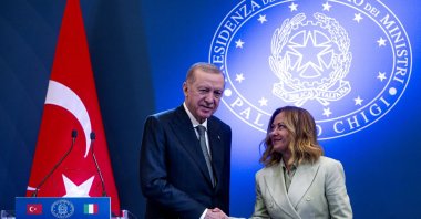 Italian Prime Minister Giorgia Meloni (R) and President Recep Tayyip Erdoğan (L) attend the IV Italy-Turkiye Summit at Villa Doria Pamphilj, Rome, Italy, April 29, 2025. (EPA Photo)