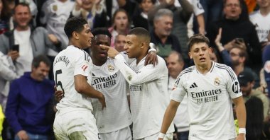 Real Madrid&#039;s forward Kylian Mbappe (2nd R) celebrates with teammates after scoring the 2-0 lead during the Spanish La Liga match between Real Madrid and Celta Vigo at Bernabeu Stadium, Madrid, Spain, May 4, 2025. (EPA Photo)