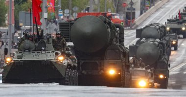 Russian Yars intercontinental ballistic missile launchers take part in a rehearsal for the annual military parade ahead of the Victory Day celebrations, downtown Moscow, Russia, April 29, 2025. (EPA Photo)