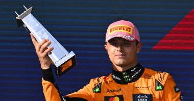 McLaren driver Oscar Piastri celebrates at the podium after winning the F1 Miami Grand Prix at Miami International Autodrome, Miami Gardens, U.S., May 4, 2025. (AA Photo)