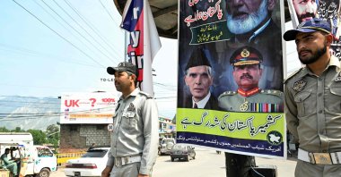 Traffic police personnel stand guard along a street in Muzaffarabad, Pakistan-administered Kashmir, May 5, 2025. (AFP Photo)