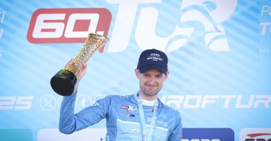 XDS Astana&#039;s Wout Poels celebrates winning the 60th Presidential Cycling Tour of Türkiye (TUR 2025), Istanbul, Türkiye, April 4, 2025. (AA Photo)