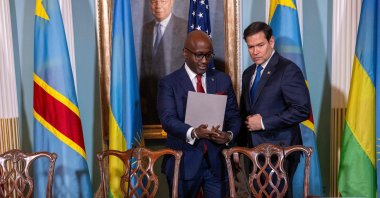 U.S. Secretary of State Marco Rubio (C), Rwandan Foreign Minister Olivier Nduhungirehe (R) speak in Washington, D.C., U.S., April 25, 2025. (AFP Photo)