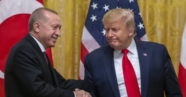 U.S. President Donald Trump (R) and President Recep Tayyip Erdoğan shake hands after their joint press conference in the East Room of the White House in Washington, U.S., Nov. 13, 2019. (EPA Photo)