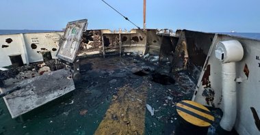 The Gaza-bound humanitarian ship Conscience is damaged after a drone attack in international waters off Malta, May 5, 2025. (AA Photo)