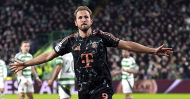 Bayern Munich&#039;s Harry Kane celebrates after scoring a goal against Celtic Glasgow, Glasgow, Scotland, Dec. 2, 2024. (AP Photo)