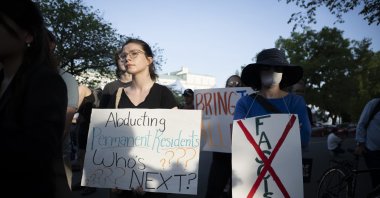 Members of the U.S. House of Representatives hold a press conference in front of the State Department to protest the detention of a Palestinian student, Washington, U.S., April 29, 2025 (AA Photo)