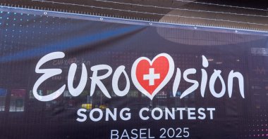 A logo of the Eurovision song contest is seen in front of the St. Jakobhalle, Basel, Switzerland, April 30, 2025. (Reuters Photo)