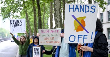 People rally against the politics of U.S. President Trump in front of the U.S. Embassy in Brussels, Belgium, May 3, 2025. (EPA Photo)