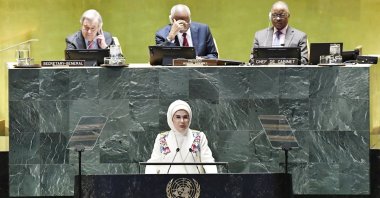 First lady and U.N. High-Level Advisory Council on Zero Waste Chair Emine Erdoğan delivers a speech during a zero waste U.N. event, New York City, U.S., March 28, 2025. (AA Photo)