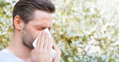 A man sneezes while walking through a pollen-filled park in spring. (Shutterstock Photo) 