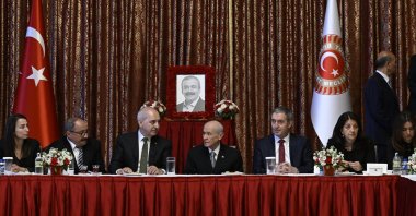 Parliament Speaker Numan Kurtulmuş (3rd L), MHP leader Devlet Bahçeli (C) and DEM Party co-Chair Tuncer Bakırhan (3rd R) attend the commemoration ceremony for Deputy Parliament Speaker Sırrı Süreyya Önder, Ankara, Türkiye, May 7, 2025. (AA Photo)