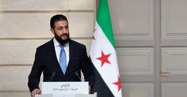Syrian interim President Ahmed al-Sharaa speaks during a joint press conference with French President after a meeting at the Elysee Palace, Paris, France, May 7, 2025. (AFP Photo)
