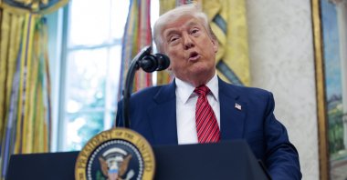 U.S. President Donald Trump speaks before swearing in former US Senator David Perdue as the U.S.  Ambassador to the People&#039;s Republic of China in the Oval Office at the White House, Washington, U.S., May 7, 2025. (EPA Photo)