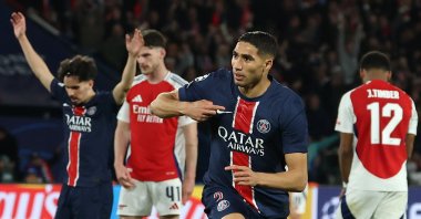 PSG&#039;s Achraf Hakimi celebrates after scoring his team&#039;s second goal during the UEFA Champions League semifinals 2nd leg match against Arsenal, Paris, France, May 7, 2025. (EPA Photo)