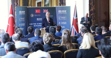 Trade Minister Ömer Bolat addresses the Türkiye-U.K. Business Forum, London, U.K., May 7, 2025. (AA Photo)