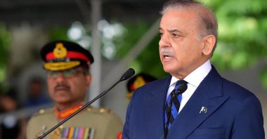 Pakistan&#039;s Prime Minister Shehbaz Sharif (R) speaks while attending a passing out parade at the Pakistan Military Academy (PMA) Kakul, in Abbottabad, Pakistan, April 26, 2025. (AFP Photo)