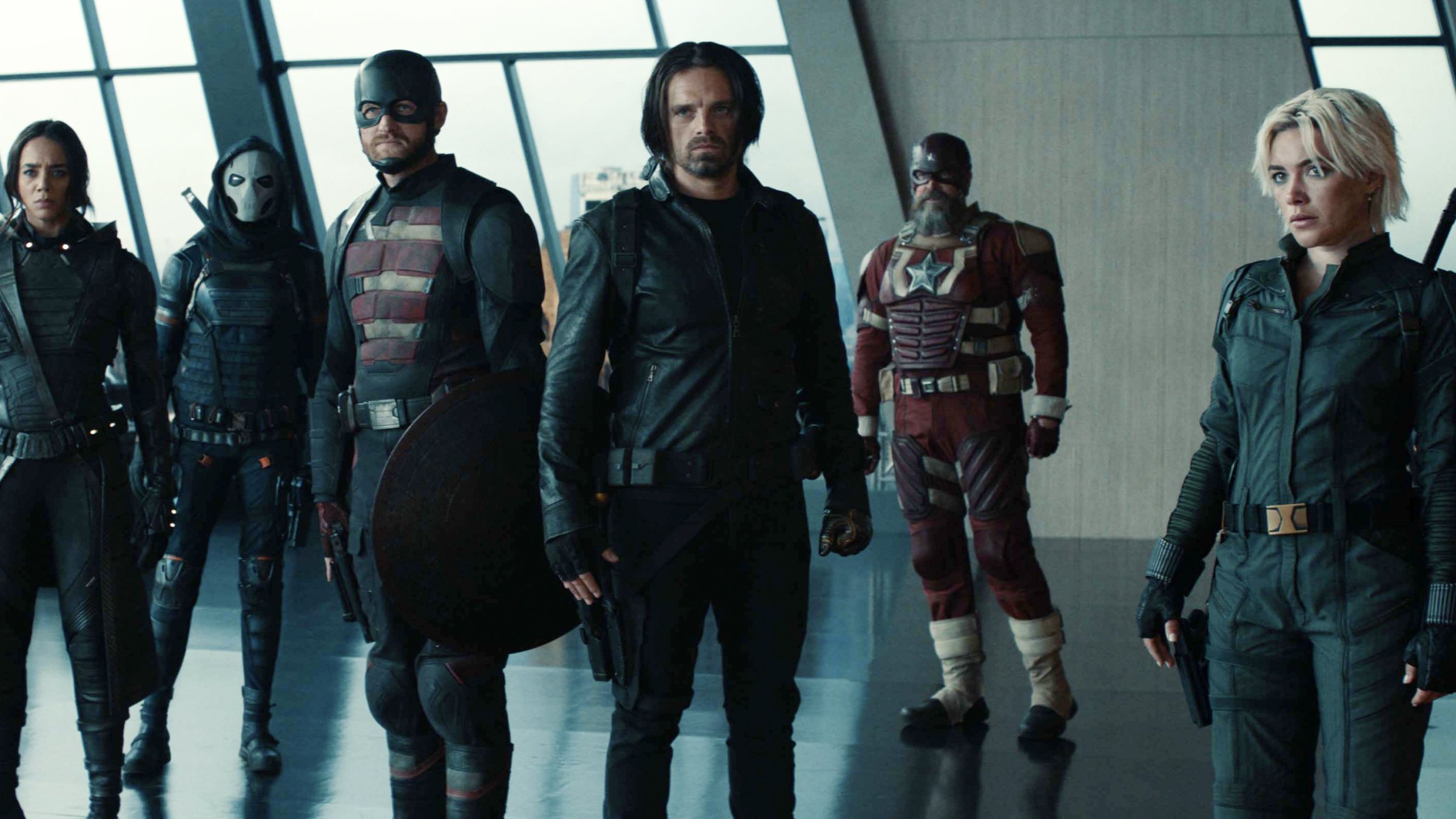This image released by Marvel Studios shows, from left, Hannah John-Kamen, Olga Kurylenko, Wyatt Russell, Sebastian Stan, David Harbour and Florence Pugh in a scene from &quot;Thunderbolts.&quot; (AP Photo)