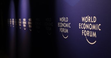 The World Economic Forum logos adorn the walls at a hall ahead of the forum&#039;s annual gathering in Davos, Switzerland, Jan. 18, 2025. (Getty Images Photo)