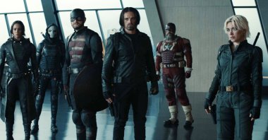 This image released by Marvel Studios shows, from left, Hannah John-Kamen, Olga Kurylenko, Wyatt Russell, Sebastian Stan, David Harbour and Florence Pugh in a scene from &quot;Thunderbolts.&quot; (AP Photo)