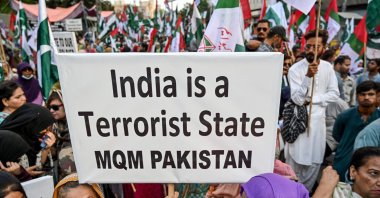 Supporters of the Muttahida Qaumi Movement Pakistan (MQM P) party holding placards take part in a demonstration as they shout anti-India slogans during a protest, Karachi, Pakistan, May 8, 2025. (AFP Photo)