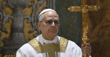 A handout picture provided by the Vatican Media shows Pope Leo XIV celebrating Mass with the cardinal electors in the Sistine Chapel, Vatican City, May 9, 2025. (EPA Photo)