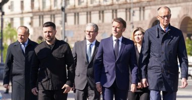 German Chancellor Friedrich Merz (R), French President Emanuel Macron (2nd R), Ukrainian President Volodymyr Zelenskyy (2nd L) and his wife Olena Zelenska, Britain&amp;#039;s Prime Minister Keir Starmer, and Poland&amp;#039;s Prime Minister Donald Tusk visit Maidan Square, as European leaders meet for further talks on the so-called &amp;quot;coalition of the willing&amp;quot;, in Kyiv, Ukraine, May 10, 2025. (Reuters Photo)