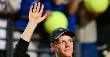 Italy&#039;s Jannik Sinner celebrates after winning against Argentina&#039;s Mariano Navone during their men&#039;s singles match of the ATP Rome Open tennis tournament at Foro Italico, Rome, Italy, May 10, 2025. (AFP Photo)